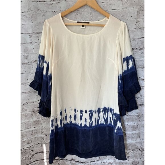 Single 100% Silk Ivory Blue Tie Dye Blouse Women’s XS Boho - Picture 1 of 5